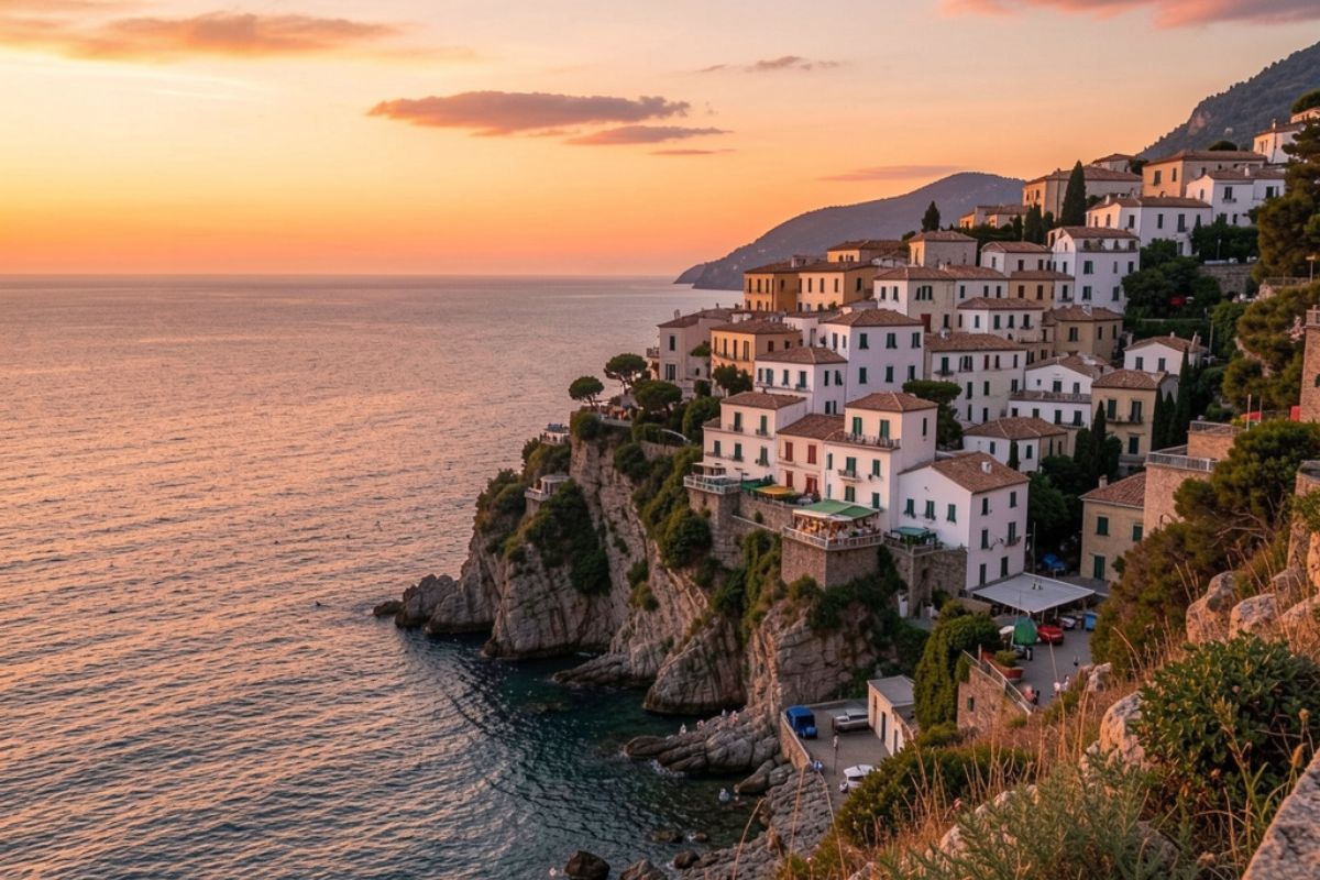Vista panoramica di Sperlonga al tramonto, con il borgo bianco arroccato sulla scogliera e il mare sullo sfondo. Atmosfera rilassata, ideale per una guida di viaggio.