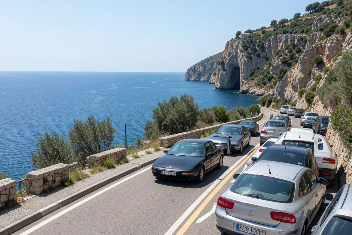 Foto di auto parcheggiate lungo la SR213 Flacca con vista sul mare e scorcio della Grotta di Tiberio in lontananza