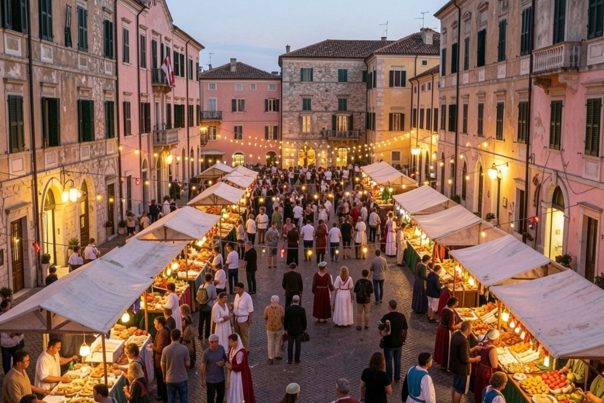 Panoramica della piazza principale di Sperlonga durante una festa tradizionale, con luci, bancarelle, gente del luogo e visitatori