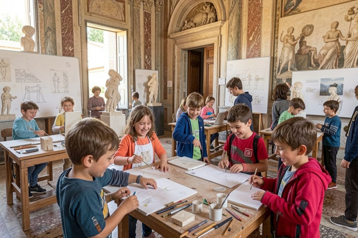 Bambini che partecipano a un laboratorio didattico al Museo Archeologico Nazionale di Sperlonga, atmosfera allegra, dettagli della villa di Tiberio
